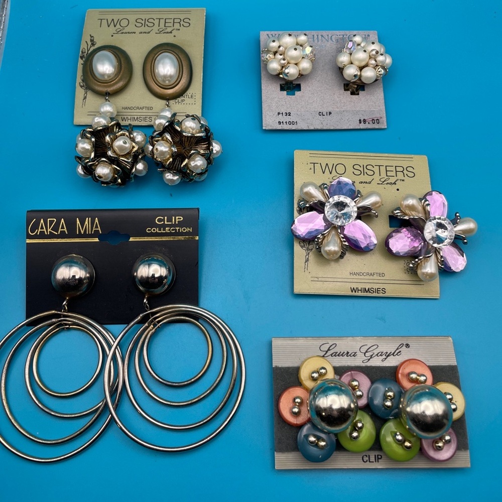 Clip On Earrings Lot of 5, Vintage Chunky Costume Jewelry